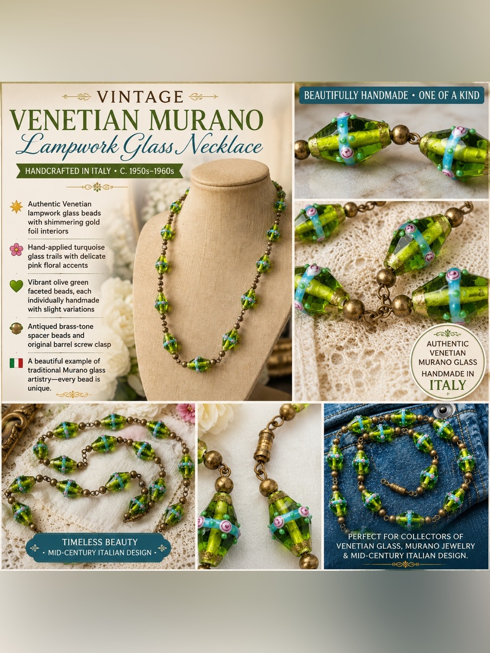 Vintage Venetian Murano Green Glass Bead Necklace - Handmade